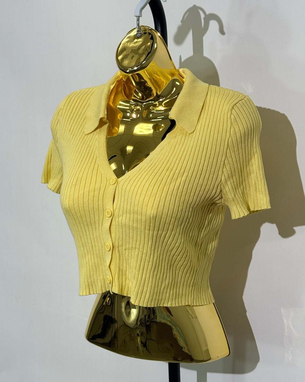 Jolie & Joy Knit Yellow Collared Ribbed Short Sleeve Button-Up Top